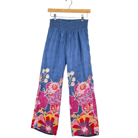 Anthropologie Pinkerton Silk Wide Leg Pants Blue Pink Floral Boho renaissance XS - Picture 2 of 8